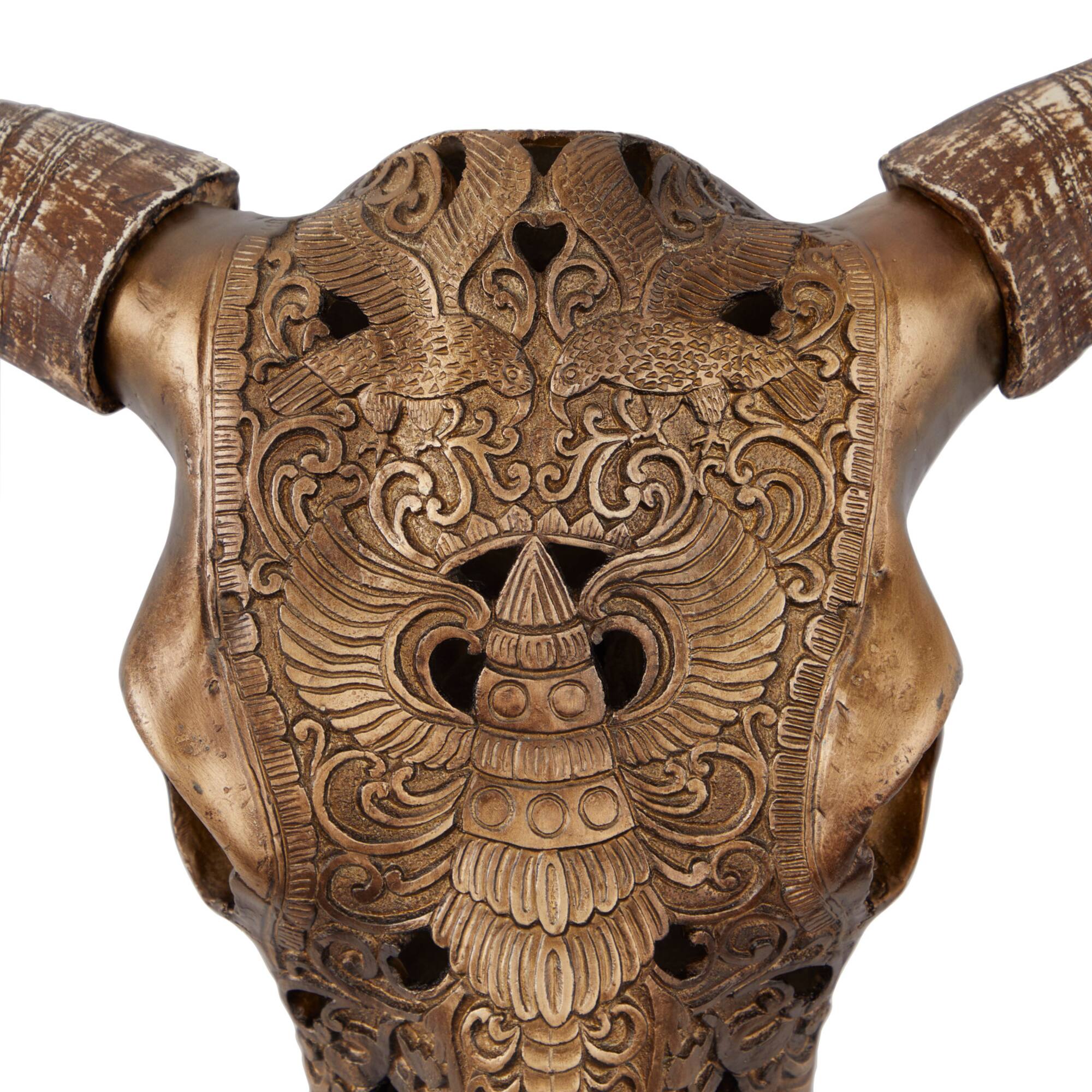 Bronze Polystone Carved Skull Cow Wall Decor 28" x 7" x 30"